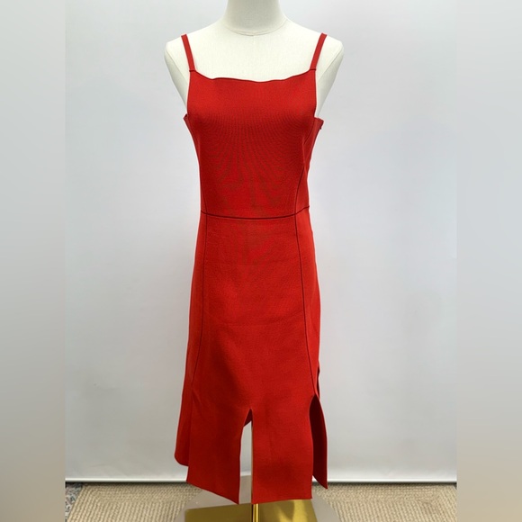 ADEAM Striking Red square neck split hem Midi Dress size 8 - Picture 6 of 15